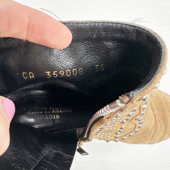 Saint Laurent Cat Ankle Bootie 50 Tan Suede Studded Heels Western Kitten - Picture 9 of 14